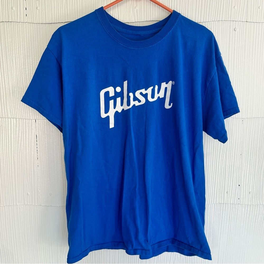 Blue Gibson Logo Guitar Short Sleeve T-Shirt Large